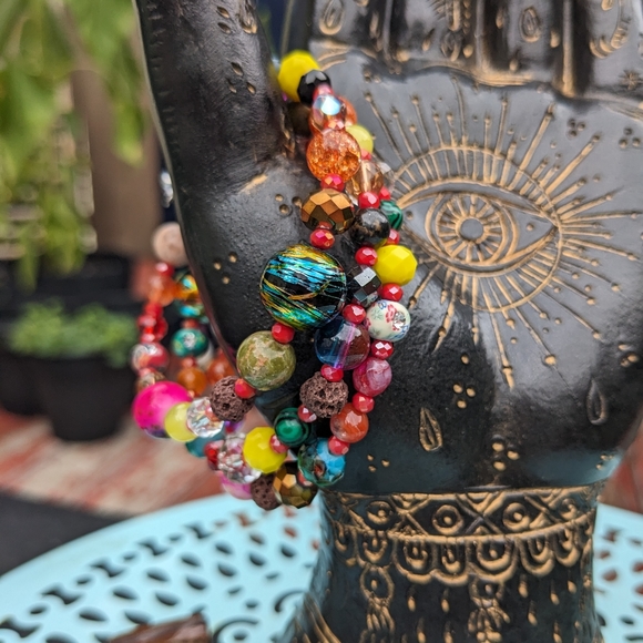 Jasper Agate Crystals Beaded Bracelet Handmade Festival Colorful Rainbow Quartz - Picture 7 of 13